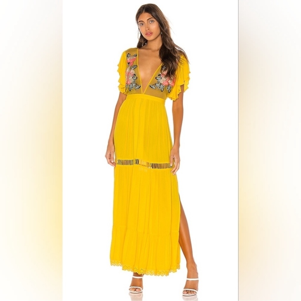 Cleobella Amery Dress M Lemon Yellow Embroidered Floral Maxi  New